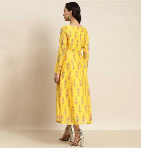 Yellow & Pink Ethnic Motifs Crepe Ethnic Midi Dress